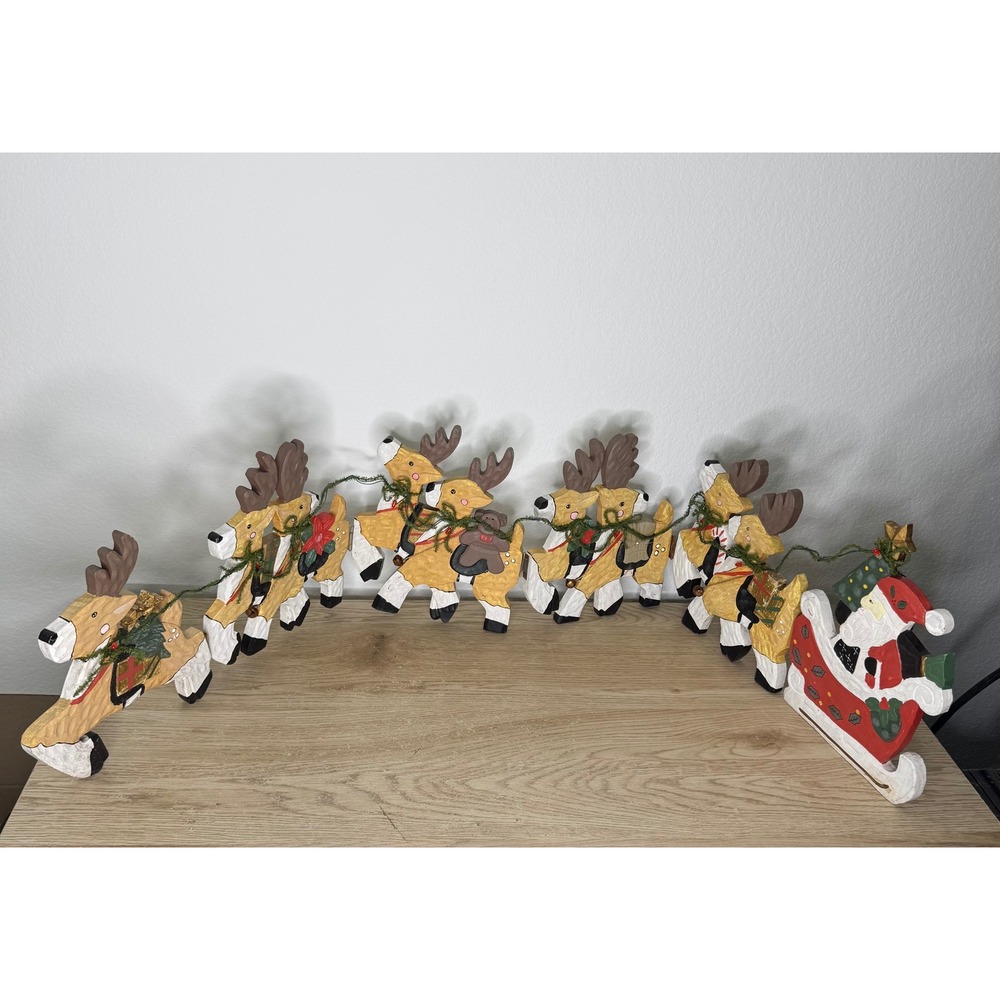 Vintage Wood Santa Sleigh Reindeer Foldable Christmas Decor Hand Painted Lighted